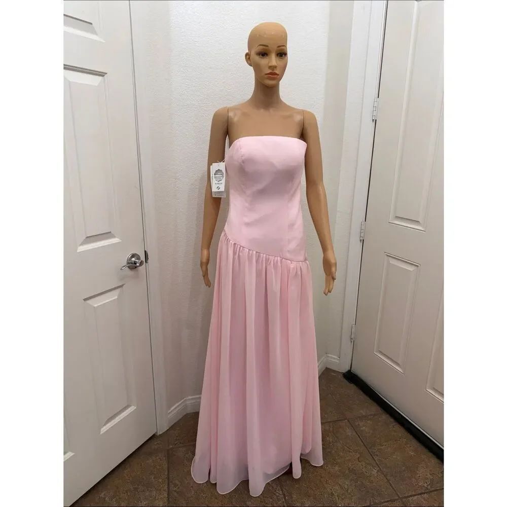 Mu Xiang Chen Strapless Asymmetrical Bodice Maxi Drop Waist Light Pink Gown New